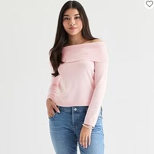 Juicy Couture Off The Shoulder Cowl Neck Pink Sweater Studded Embroidered Logos